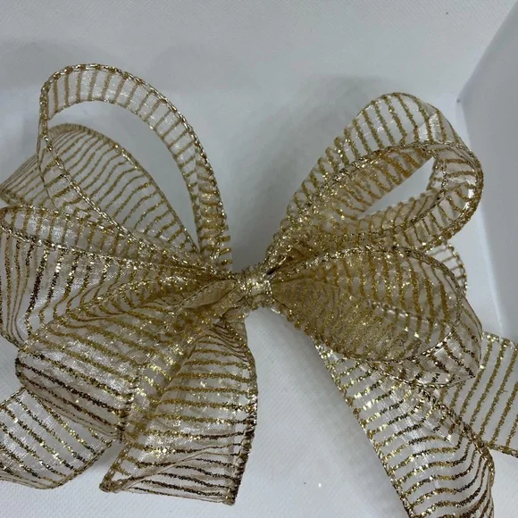 Handmade Ribbon bows set of 6 gold glitter wired ribbon striped 8x6 inch approx - Picture 4 of 13